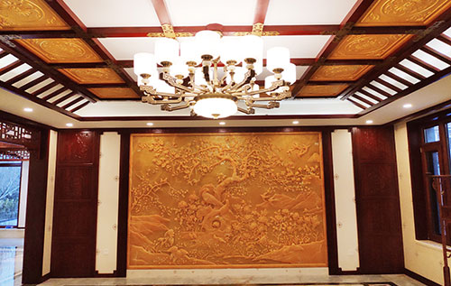 曹妃甸中式别墅客厅中式木作横梁吊顶装饰展示